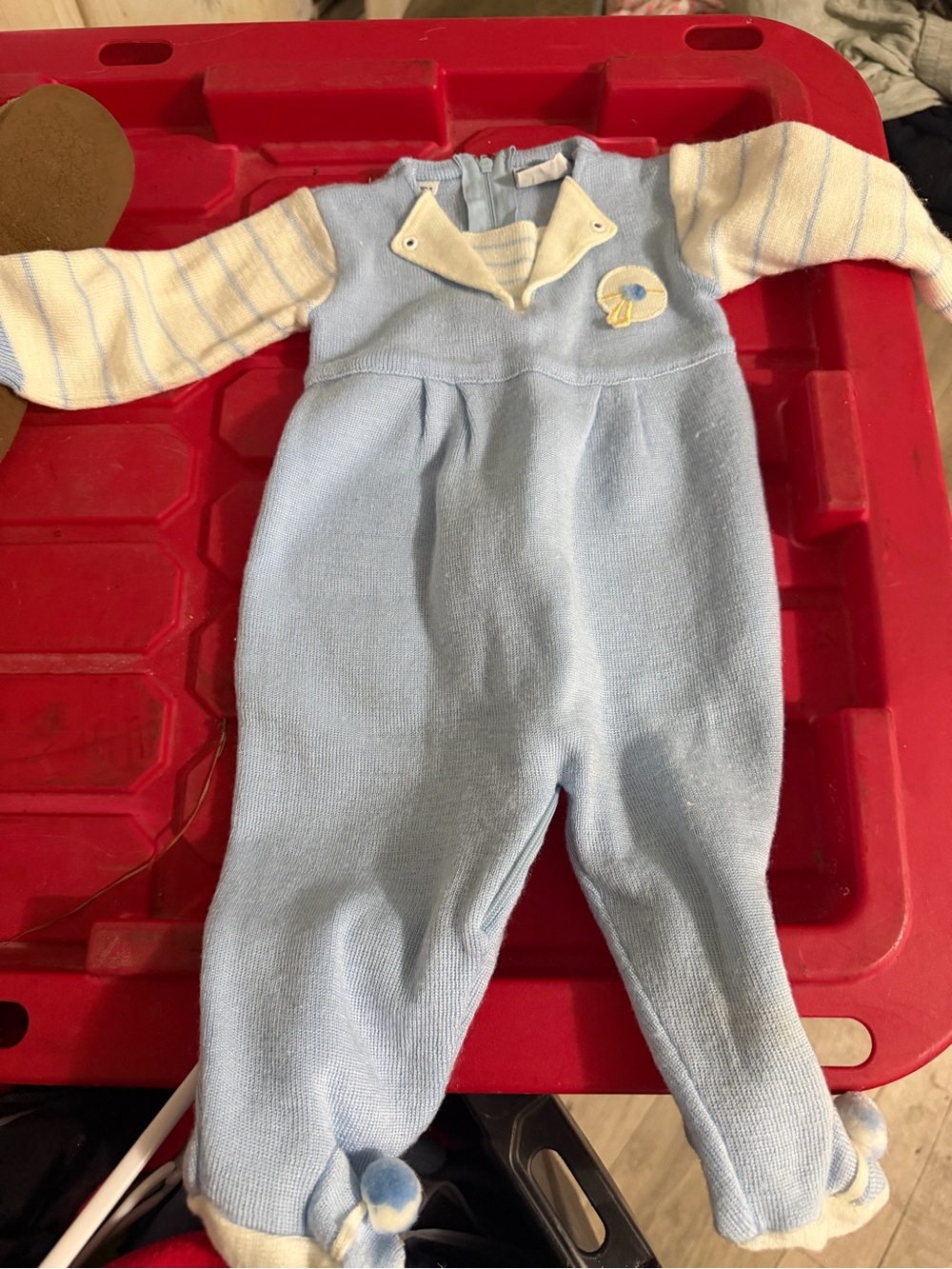 Source Unknown Light Blue Knit Baby Romper with Cream Striped Sleeves